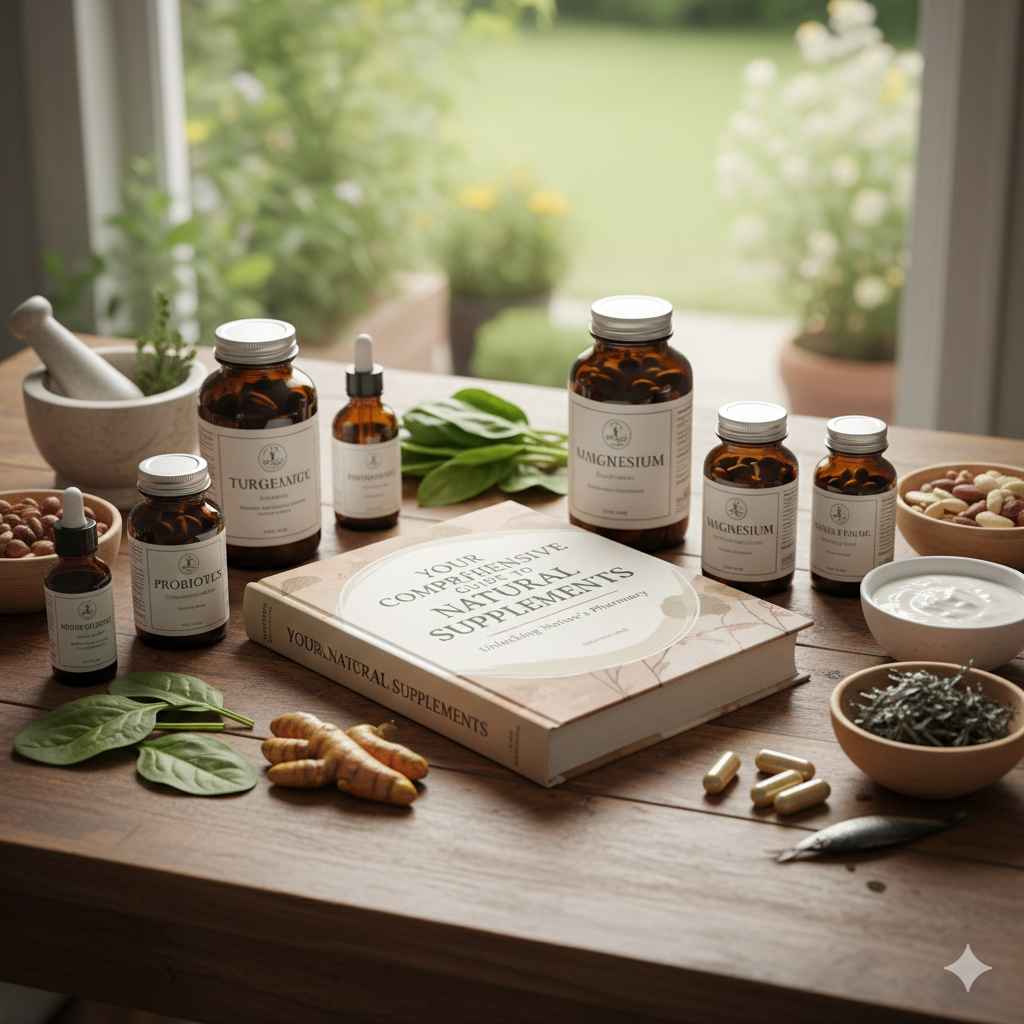 A person examining a variety of natural supplement bottles